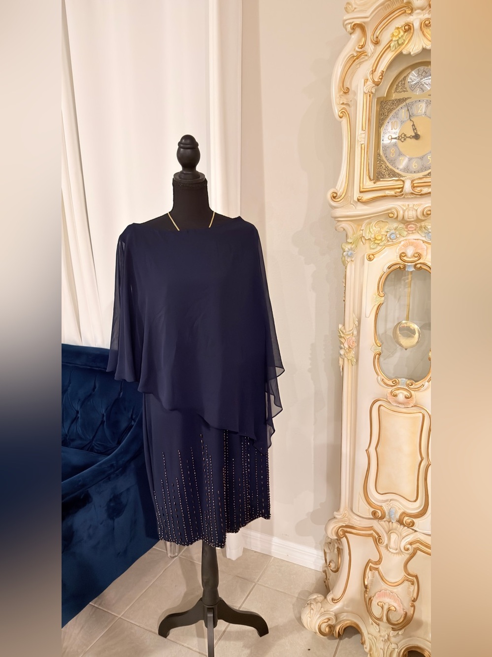 Liz Claiborne Navy One-Shoulder Chiffon Overlay Dress